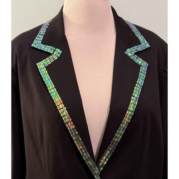 Quacker Factory Blazer Jacket Plus Size 1X Black Sequin Trim One Button - Picture 3 of 6
